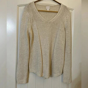 Mesh/Woven Chico’s  VNeck Sweater with “a touch” of Shimmer! Fall Trend 2025